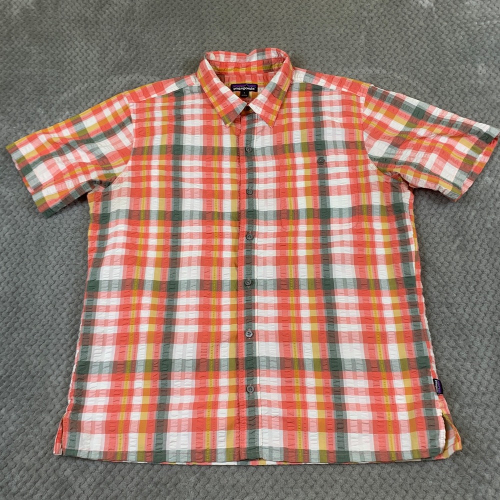 Patagonia Puckerware Shirt Mens L Orange Green Plaid Short Sleeve 53004 SP17
